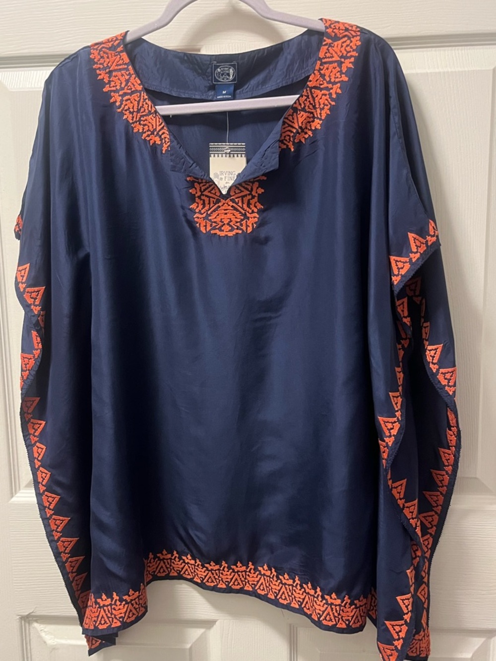 Irving&Fine for Lucky Brand Embroidered Navy V-Neck Poncho Style Top. Size M NWT